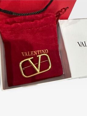 Valentino Gold V Logo Brooch Preloved with Red Velvet Pouch